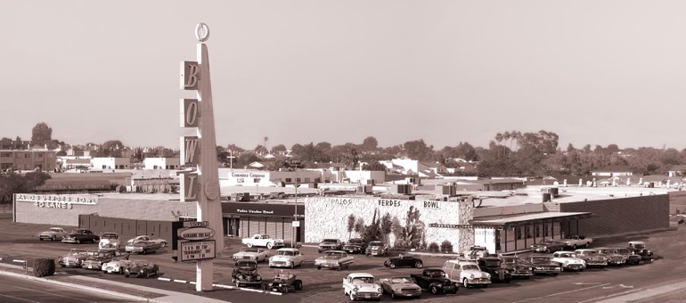 Iconic vintage photograph of Palos Verdes Bowl, which opened in 1958 as a 24-lane center. In 1959 another 16 lanes were added.